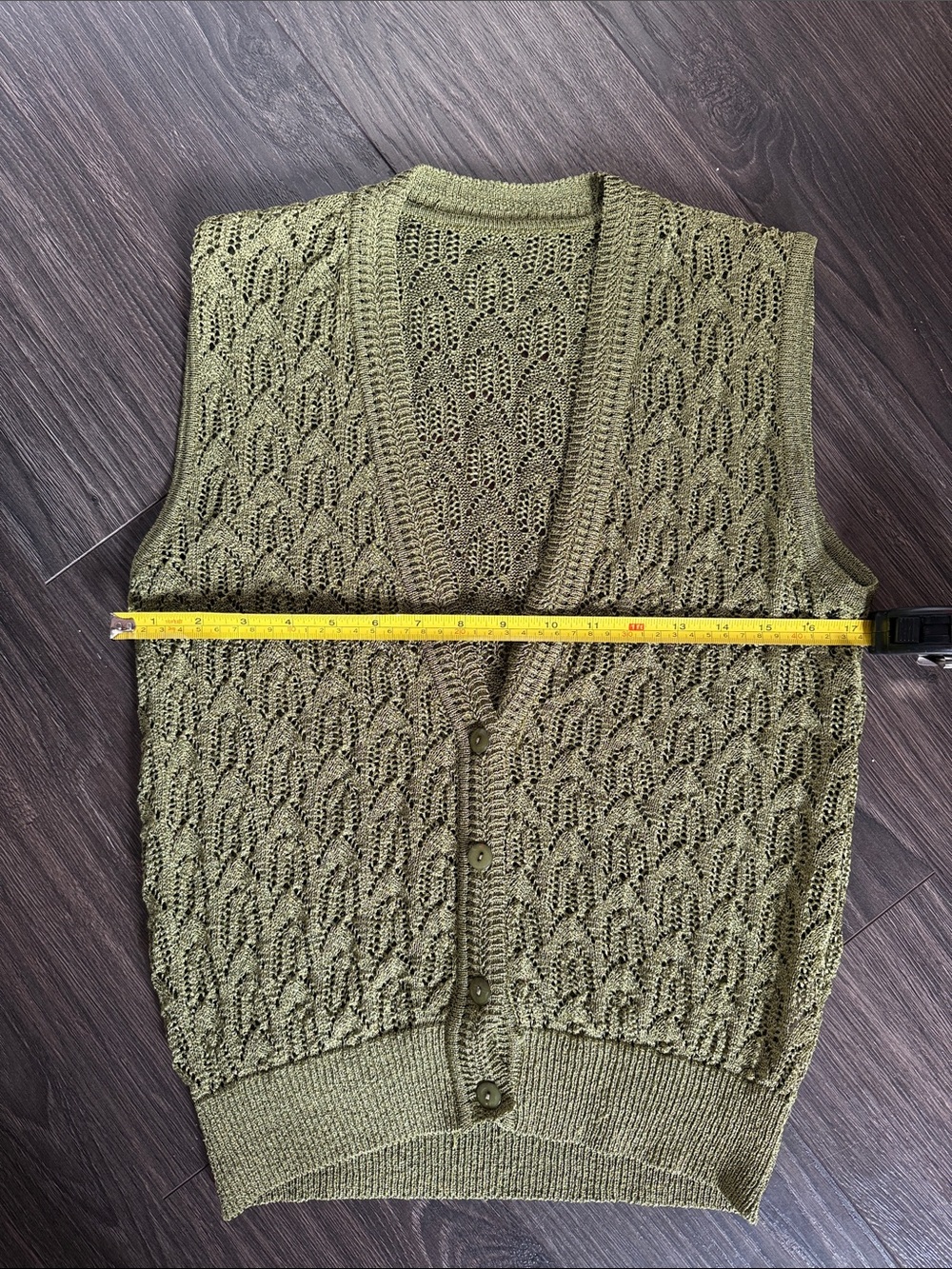 Vintage Olive Green Openwork Knit Button-Front Sweater Vest - Picture 4 of 4